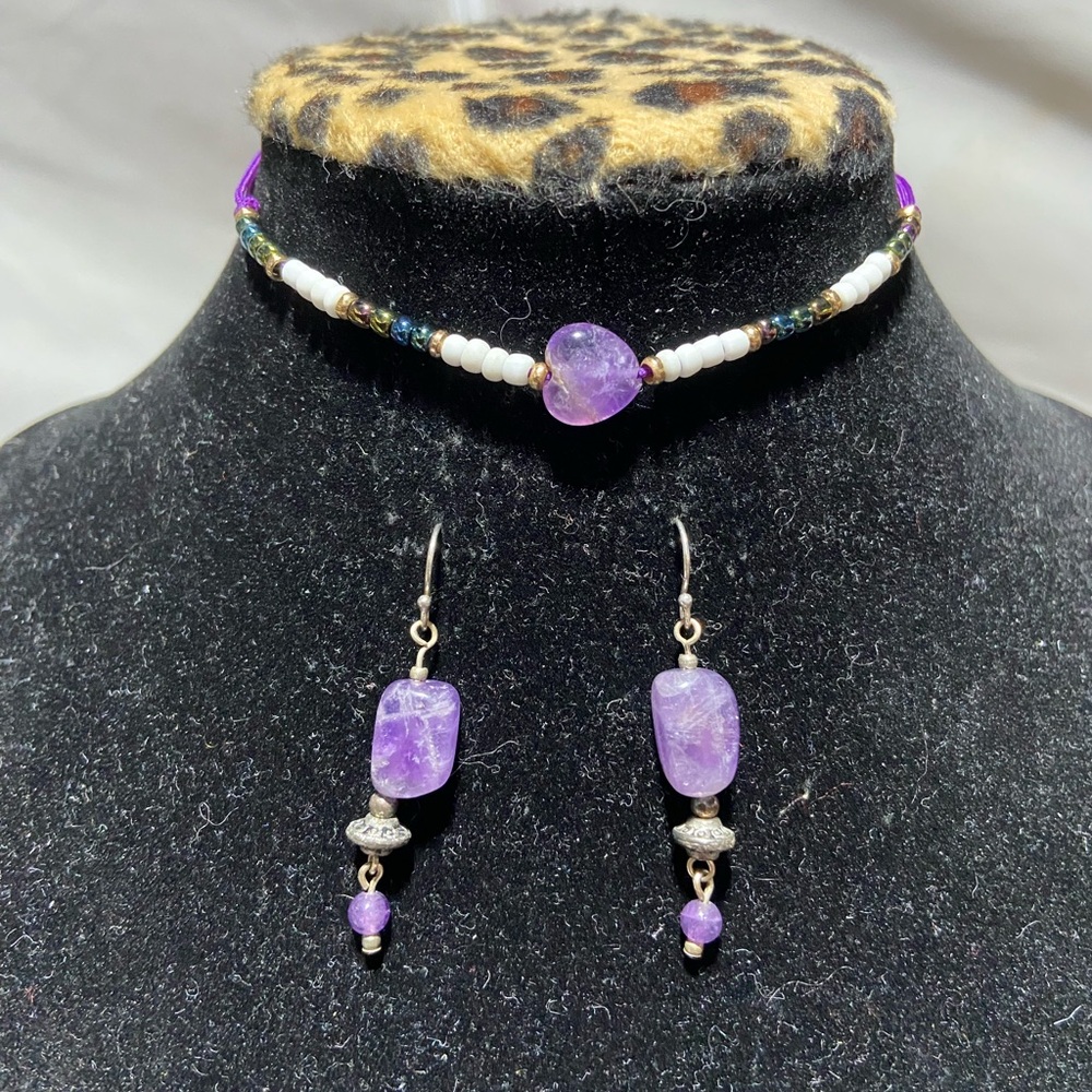 Natural Amethyst Gemstone Bracelet and Matching Dangle Earrings
